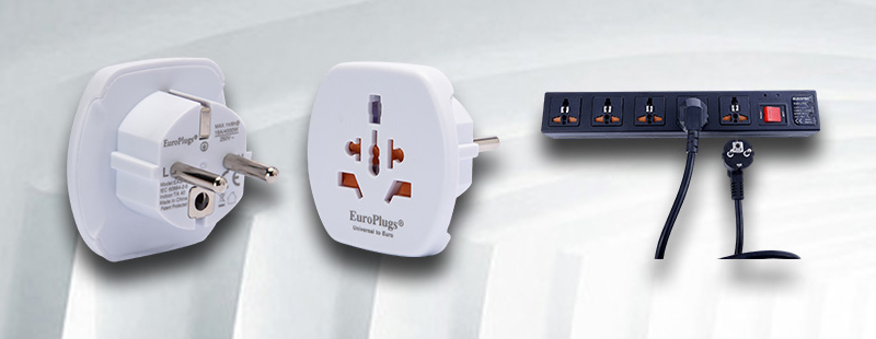 Eurapra white Schuko adapter, white universal adapter and black power strip with cord