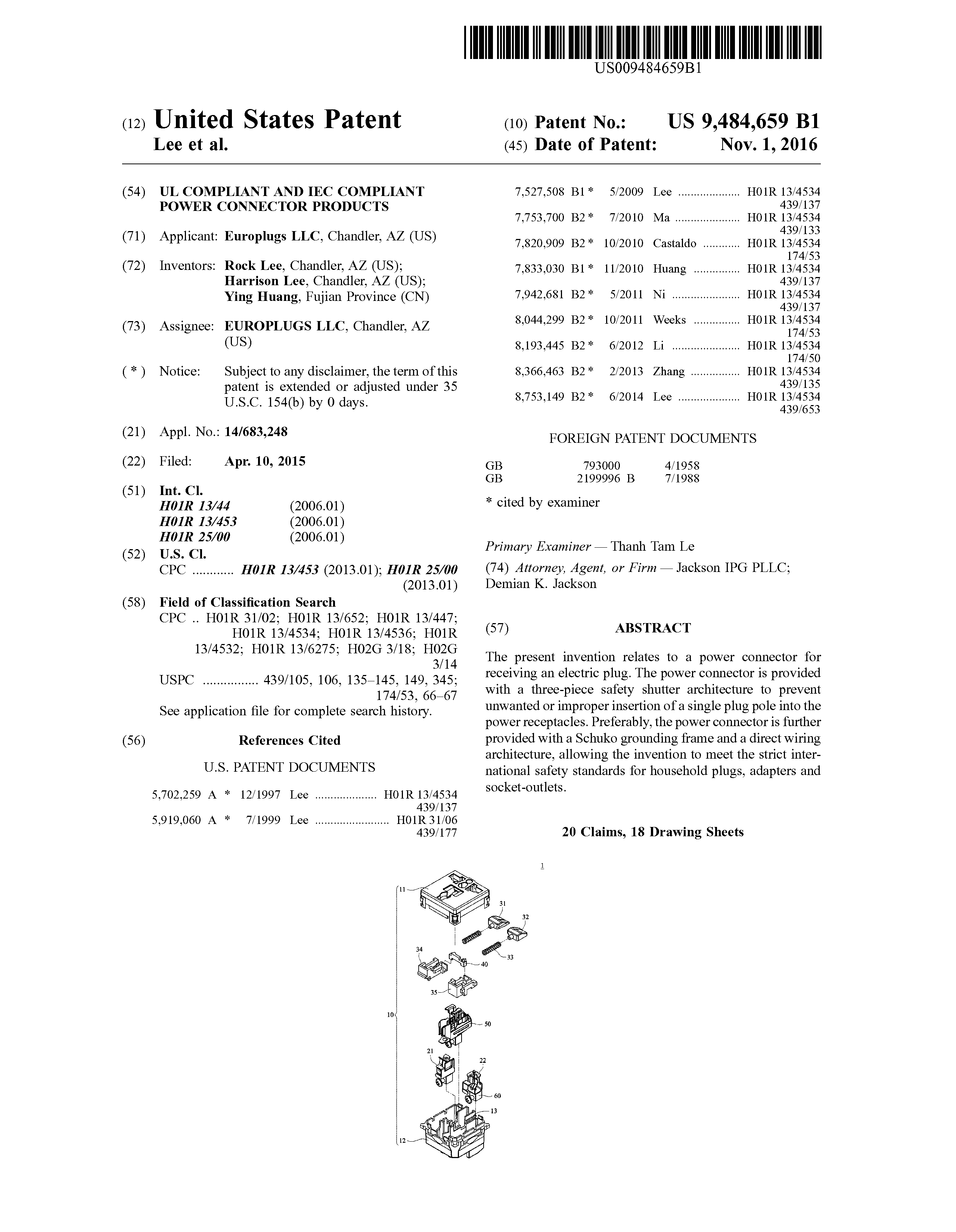 US Patent No. 9,484,659 B1, first page