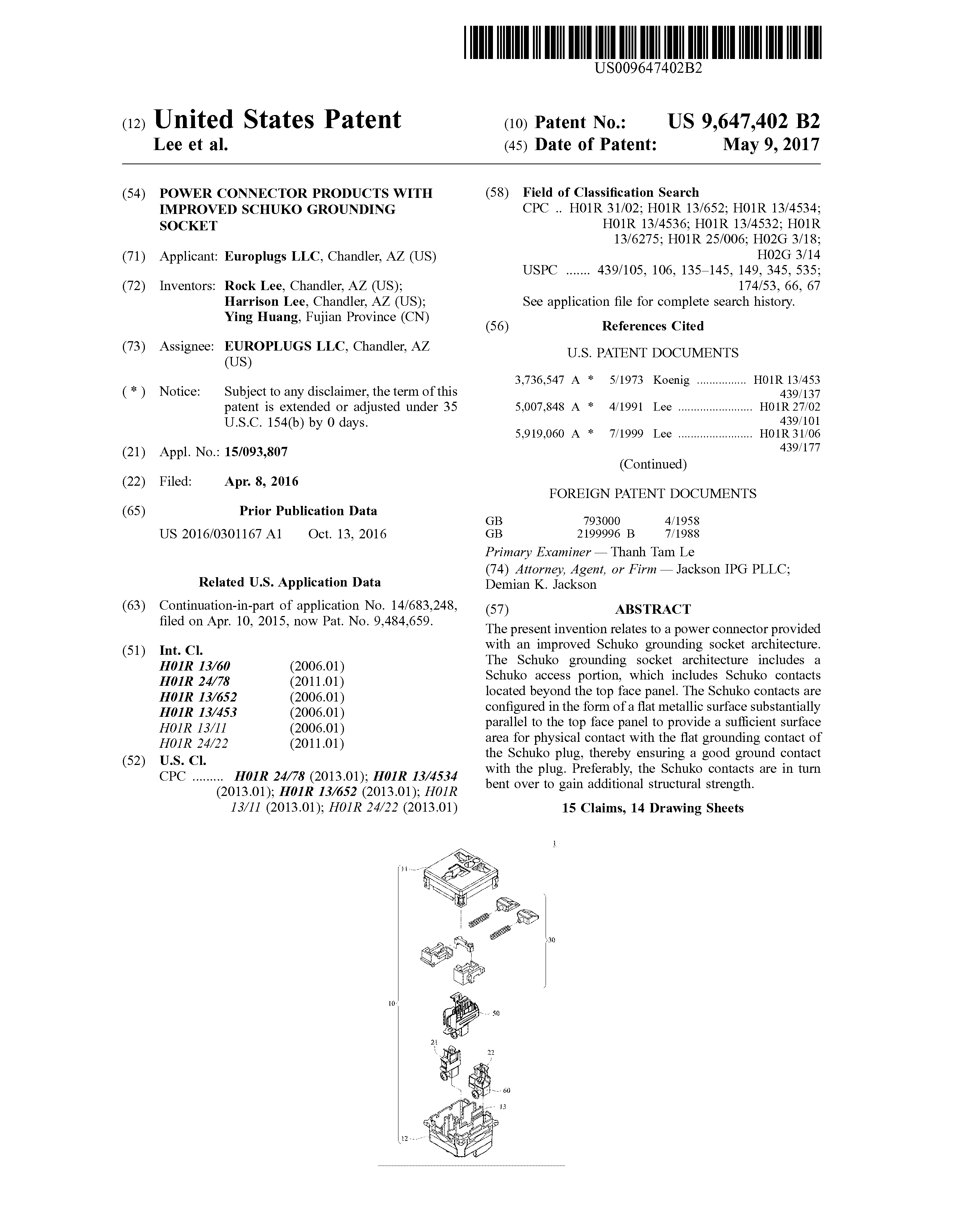 US Patent No. 9,647,402 B2, first page